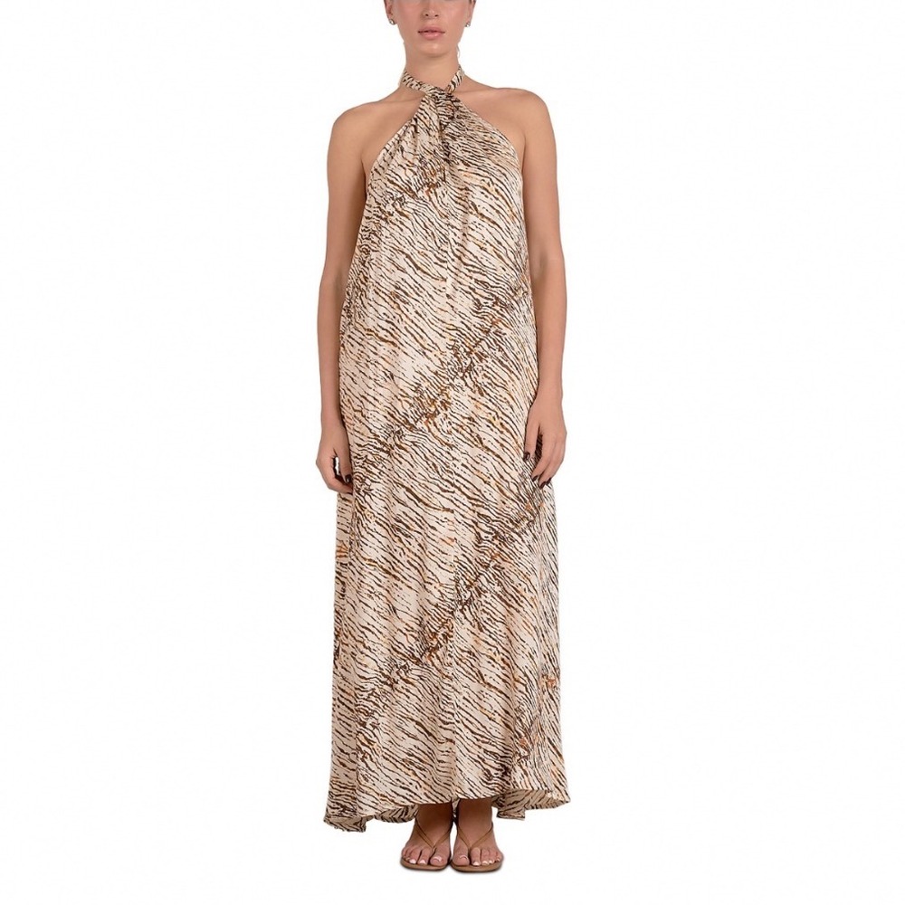 Elan Halter Maxi Dress Neutral Sahara Animal Print Open Back Size XL NEW
